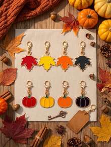 8pcs Fall Pumpkin & Maple Leaf Keychain Set. Cute Autumn Thanksgiving Halloween Bag Charms, Backpack Zipper Pendants & Seasonal Party Gifts. - A - View 7