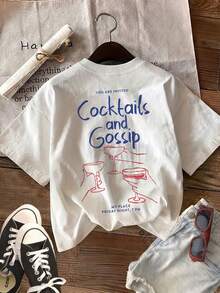 [Impresión a Doble Cara] Top de Moda para Mujer, Ropa de Verano para Mujer, Estilo Sencillo, Estampado de Copas de Vino y Cócteles, Cuello Redondo, Camiseta de Manga Corta. - Blanco - Ver 2