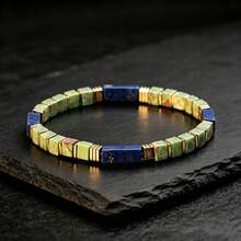Lapis Lazuli Green Stone Cube Bracelet, Gold Spacer Elastic Stretch Bracelet, Vintage Style Jewelry Gift For Men And Women - Multicolor - View 2