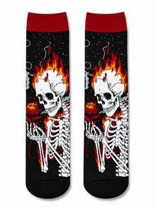 1 Par de Meias Masculinas de Cano Médio, Algodão com Estampa de Caveira do Dia dos Mortos, Chama e Rosa, Quentes para Outono/Inverno, Presente de Halloween/Natal - Multicolorido - Visão 6