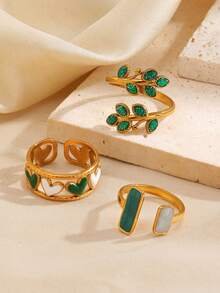 3pcs/Set Stainless Steel 18K Gold Plated Minimalist Green Oil-Drip Leaf & Heart Ring Set, Suitable For Women's Daily And Holiday Wear - Multicolor - View 4