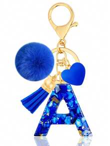 Cute A-Z Initial Keychain With Royal Blue Pom Pom, Heart And Tassel, Minimalist Personalized Key Chain For Women, Bag Charm, Daily Wear Accessory And Gift - Royal Blue - View 23