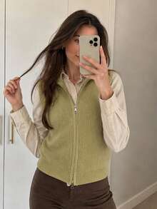 Women's Ribbed Knit Zip-Up Turtleneck Vest, Sleeveless Solid Sweater Waistcoat - Mustard Yellow - View 1