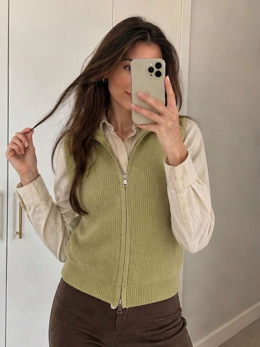 Women's Ribbed Knit Zip-Up Turtleneck Vest, Sleeveless Solid Sweater Waistcoat - Mustard Yellow - View 1