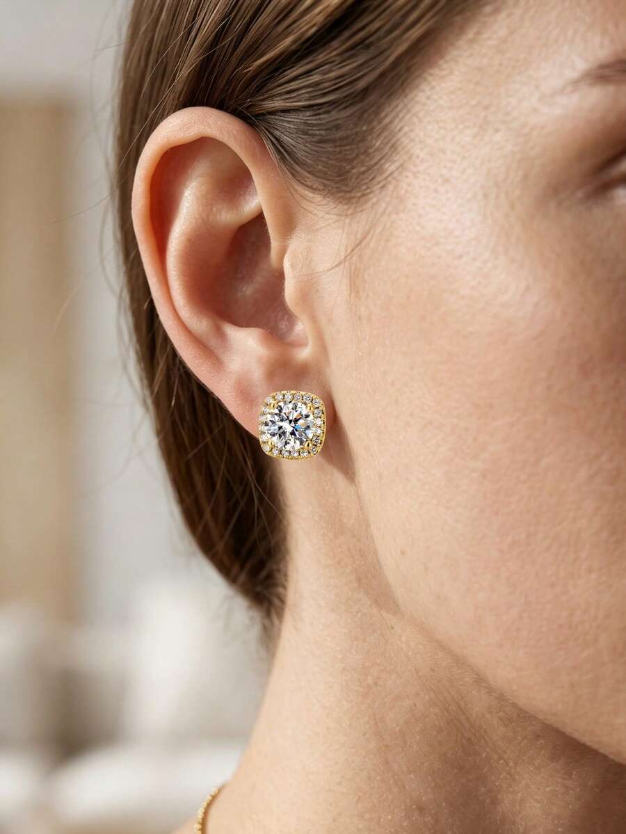 1 Pair Copper Base Cushion Cubic Zirconia Stud Earrings, Sparkling Prong Set CZ Luxury Earrings For Women Wedding Party Daily Jewelry Gift - Multicolor - View 1