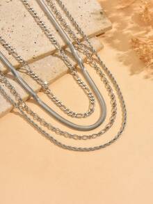 Set Kalung Perhiasan Punk Metalik 4 Buah/Set, Dapat Dipakai Sendiri atau Ditumpuk, Rantai Leher Wanita Hip Hop Keren dan Manis Berlapis, Cocok untuk Pemakaian Sehari-hari - perak - View 4
