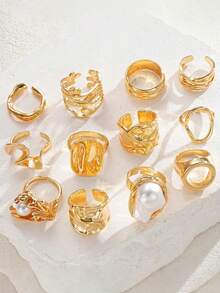 12/3pcs Set Asymmetric Pearl Flower Rings, Geometric Design, Iridescent, Hollow Round, Multi-Layer Metal Texture, Extra Large, Rugged Chic, Elegant Vintage, Suitable For Holidays, Parties, Dates, Gifts, Daily Wear - Gold - View 3