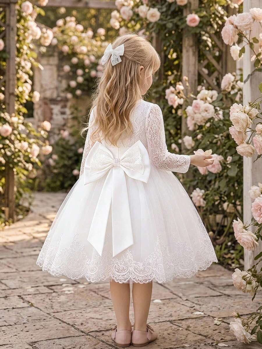 Young Girls Lace Long Sleeve Bow Mesh Elegant Flower Girl Princess Dress Suitable For Birthday Party, Headband Not Included - White - View 1
