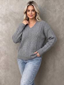 Women's Cable Knit V-Neck Sweater, Long Sleeve Regular Fit Knit Top, Medium Stretch Fabric, Fashion Solid Color Pullover - Grey - View 7