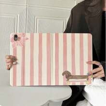 1pc Pink & White Striped Skateboard Dachshund & Floral Print Book-Style Flip Tablet Protective Case, Multi-Angle Stand, With Pen Slot, Compatible With IPad 10th Gen/Air 13/Air 11/11(A16 2025)/Galaxy Tab S10+/S9/A17, Compatible With Oppo Pad, Compatible With Huawei MatePad, Compatible With Vivo Pad, Compatible With Honor Tablet, Compatible With Xiaoxin Pad - Multicolor - View 2