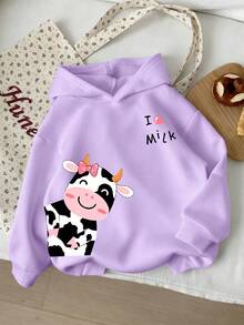 Girls Casual Cartoon Cow Print Hooded Sweatshirt And Loose Pants 2-Piece Set, Autumn/Winter Daily Home And Outdoor Wear - Mauve Purple - View 3