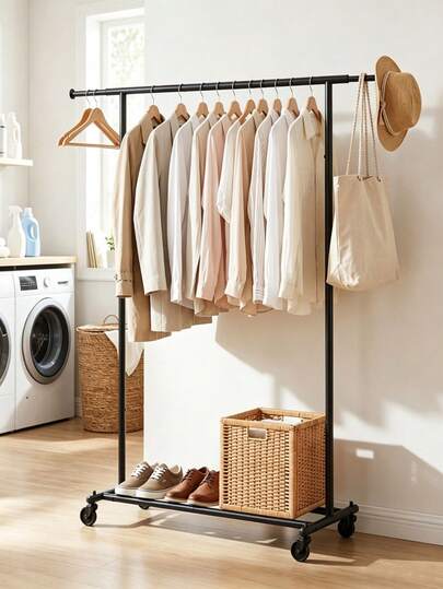 Thickened Mobile Clothes Rack, Available In Multiple Sizes And Two‑Tone Color Options. Equipped With Universal Wheels For Easy Movement, Bottom Storage Shelf, Stable Load‑Bearing Capacity, Highly Practical For Household Clothes Drying And Storage.
