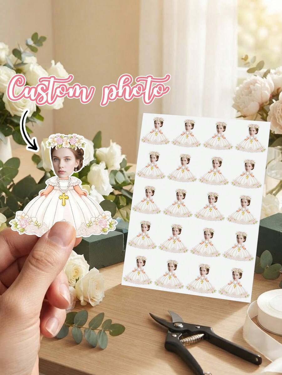 8/20/40pc Custom Photo Wedding Stickers,First Communion Stickers,Personalized Holy Communion Vinyl Decals For Gift Packing Envelope Cup Decor,Religious Ceremony Party Favor Supplies,Bridal Shower - Multicolor - View 1