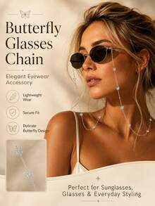 STONEFANS 1pc Rhinestone Butterfly Glasses Chain, European And American Fashion Anti-Loss Anti-Slip Metal Glasses Chain, Women's Accessory - Butterfly - View 6