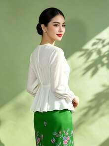 1pc Solid Color Ruffle/Flounce Trim Long Sleeve Blouse For Women - White - View 5