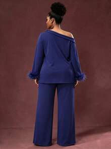 大码女士优雅纯色连衣裙，不对称荷叶边下摆和褶裥细节设计，适合晚宴、休闲穿着和春季度假。 - 寶藍色 - 查看 6