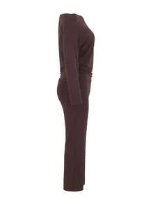 LovelyWholesale Women Off Shoulder Long Sleeve Slim Top, High Waist Flared Leg Pants With Contrast Foldover Waistband 2 Pieces Set, Daily Outfit Fall Outfit - Brown - View 6