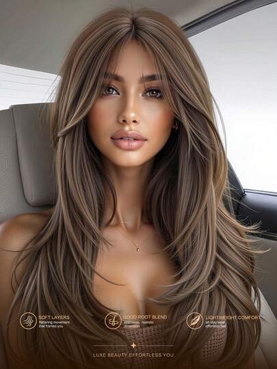 Rambut Palsu Sintetik Warna Campuran Rama-rama Coklat & Putih Dengan Poni, Sesuai Untuk Wanita, Tekstur Rambut Semula Jadi, Rambut Palsu Cosplay, Sesuai Untuk Musim Kembali Ke Sekolah