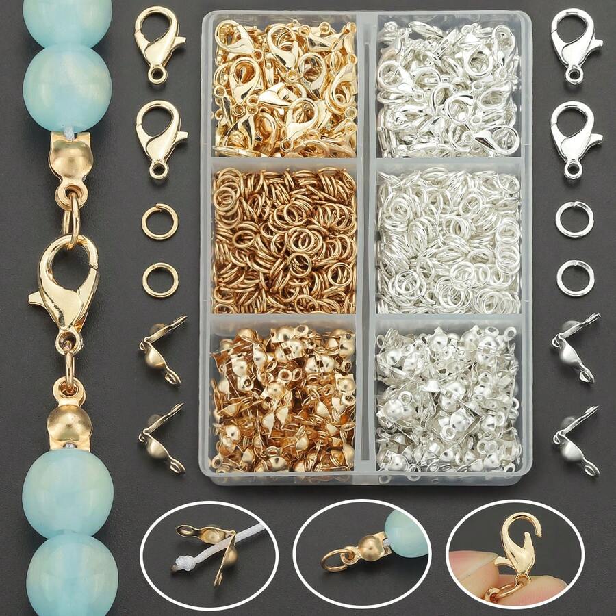 380pcs DIY Jewelry Making Accessories Set, Includes 60pcs Lobster Clasp, 120pcs Crimp Beads, 200pcs Closed Jump Rings, Suitable For Handmade Woven DIY Necklace, Bracelet, Bag Charm, Can Be Flattened To Secure Clasp, Pendant Chain Connector Rings, DIY Jewelry Making Materials - Lobster Clasp & Jump Ring & Bag Clasp - View 1