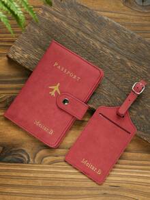 Takeoak 2pcs Customized Foil Stamped Name Passport Holder And Luggage Tag Set Gold Letter Velvet Passport Holder With Buckle Burgundy, Honeymoon Essentials - Multicolor - View 22