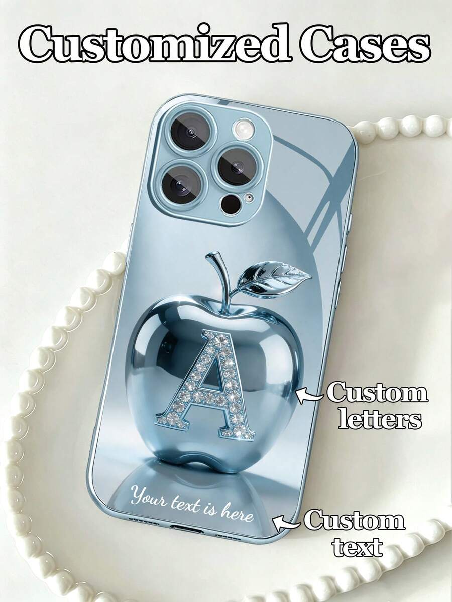 1pc Customizable 26 Letters & Name Design With Fashionable Blue Metal Apple Pattern Tempered Glass Material Phone Case, Compatible With Iphone17 ProMax/17Air/16 ProMax/15 Pro/14 Plus/13 Pro/12 Pro Max/11/Xs Max/8/7/6 Plus, S24 Ultra/S25 Ultra/A12, High-End Business Customization, Best Gift For Boyfriend, Girlfriend And Family,International Version, Not The Domestic Version