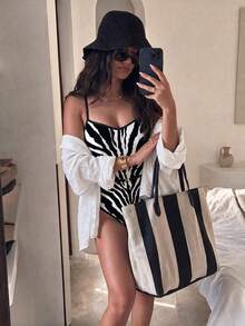 HOTTIE HABIT Black‑White Zebra Stripe Strapless One‑Piece Swimsuit, V‑Notch Front, Slim High‑Cut Monokini, Retro Animal Print Bathing Suit For Beach Pool Vacation - Multicolor - View 2