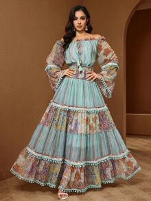 Women's Bohemian Style Printed Dress, Off-Shoulder Long Sleeve, Ruffle Trim, Elegant Elegant - Multicolor - View 4