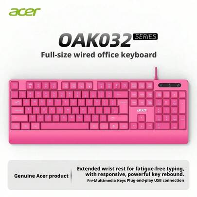 Acer Teclado con cable, teclado individual, reposamuñecas alargado, ergonómico, 104 teclas, tamaño completo, 26 teclas antirrebote, para mecanografía, oficina, juegos, computadora de escritorio y portátil