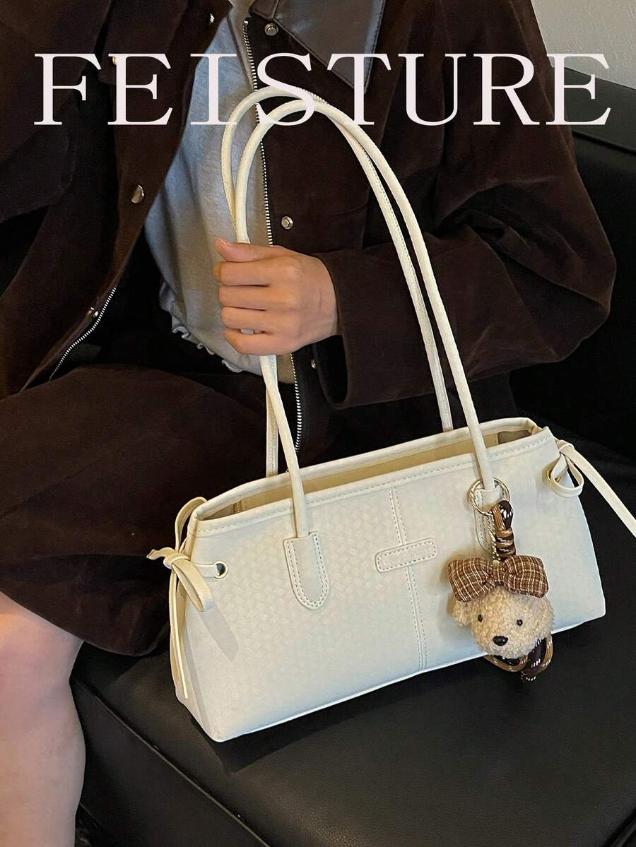 FEISTURE 1件時尚女款大容量腋下肩背包,附吊飾,適合日常外出、約會、通勤 - 白色 - 查看 1