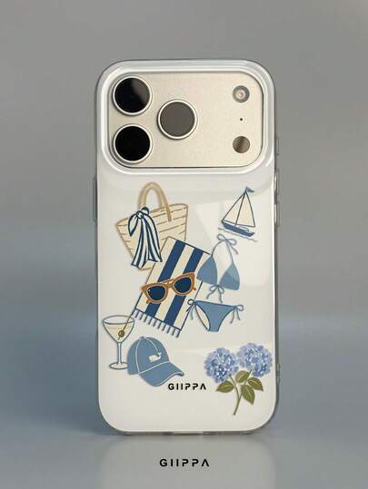 GIIPPA 1pc Beach Vacation Element Mixed Pattern Design Phone Case, Compatible With Phone 17 Pro Max, 16 Pro Max, 15 Pro Max, 14 Pro Max, Korean-Style High-End Fashionable And Fun Phone Case, Suitable For 11/12/13/14/15/16 Pro Max Plus, Elegant Design For Men And Women, Perfect Gift For Girlfriend On Christmas, Valentine's Day, Easter, Wedding Season And Birthday!