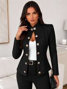 ChicMe Women Stand Collar Knit Cardigan Metal Double Breasted Decor Argyle Cable Textured Slim Fit Casual Party Wear - Black - View 6