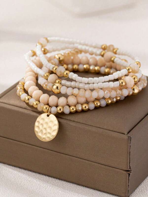 6pcs Bohemian Elegant Beaded Stretch Bracelets Set For Girl, Handmade (Bead Quantity, Size & Placement Are Random)