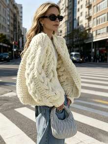 Women's Autumn/Winter Fashion Casual Commuter Ribbed Loose Short Cardigan, Handmade Thick Knit Design Fall - Beige - View 2
