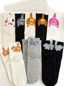 4 Pairs Random Style Women's Cute Mid-Calf Socks, 3D Pom Pom Cat Butt Design, Fun Casual Cartoon Cat Tail Print Mid-Calf Socks - Multicolor - View 10