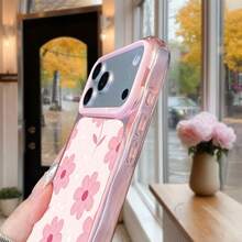 1 Stück modische minimalistische rosa Blumenmuster Kontrastfarbe Innenwelle 2-in-1 Acrylmaterial stoßfeste Handyhülle, Hautgefühl, galvanisierter Objektivrahmen, transparente Handy-Schutzhülle, geeignet für iPhone17promax/iPhone16 15 14 13 12 11/kompatibel mit Samsung S26ULTRA/S25ULTRA/S24ULTRA/ A58/A60/A78/ C53/C85/C71/C75/Honor Serie. - Pink - Übersicht 5