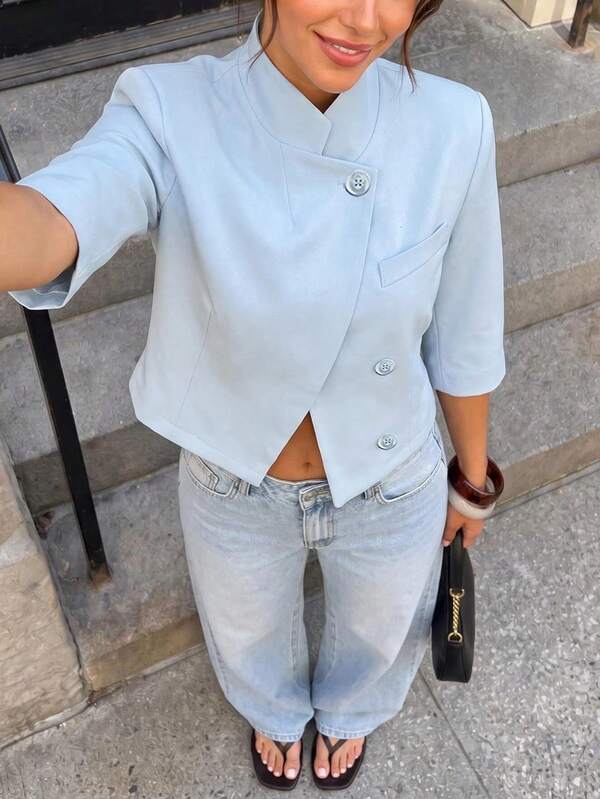 Women's Regular Fit Short Jacket, Short Sleeve Business Blazer, Suitable For Spring, Summer, Autumn Graduation Season, Blue