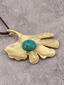 1pc Western Cowboy Style 3D Flower Turquoise Pendant Necklace, Braided Wax Rope Long Necklace Accessory, Christmas Halloween Holiday Gift Neck Jewelry, Gift For Girlfriend Mother Best Friend - Wax Rope - View 6