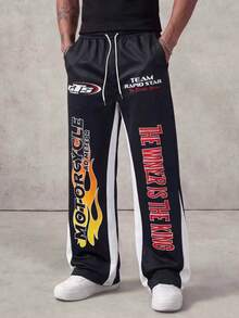MAISONFOX Men's Black Racing Sports Pants With Motorcycle Flame Pattern And Slogan Print, Color Block Side Stripes Loose Fit Joggers, Y2K Streetwear Style - Black - View 7