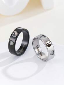 ATLVXJL 2pcs/Set Glowing Couple Rings, Family & Friendship Style, Luminous Double Heart Yin Yang Pattern, Silver & Black Stainless Steel, Casual Jewelry Rings Suitable For Daily Wear And Holiday Gift Giving - Multicolor - View 8