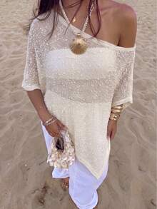 Women's Off Shoulder Top Asymmetric One Sleeve Chenille Knit Sweater Loose Irregular Casual Elegant Pullover - White - View 3