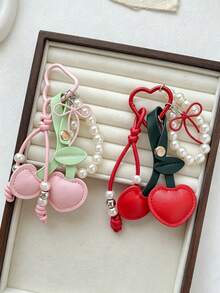 1pc Leather Cherry Heart Shaped Bag Charm With Pearl Beads Heart Carabiner Korean Style Girl Backpack Pendant Keychain - Multicolor - View 2