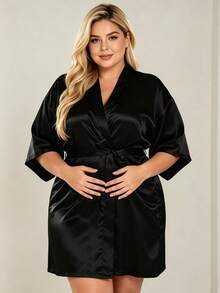 Plus Size Customized Name Women's Wedding Morning Robe, Personalized Bride & Bridesmaid Pajamas, Elegant Bridesmaid Gift, Customized Text Nightgown For Morning Preparation - Black - View 6