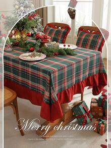 1pc Christmas Green Plaid Tablecloth With Red Ruffle Trim, Holiday Dining Table Cover For Christmas Home Decor - Green - View 1