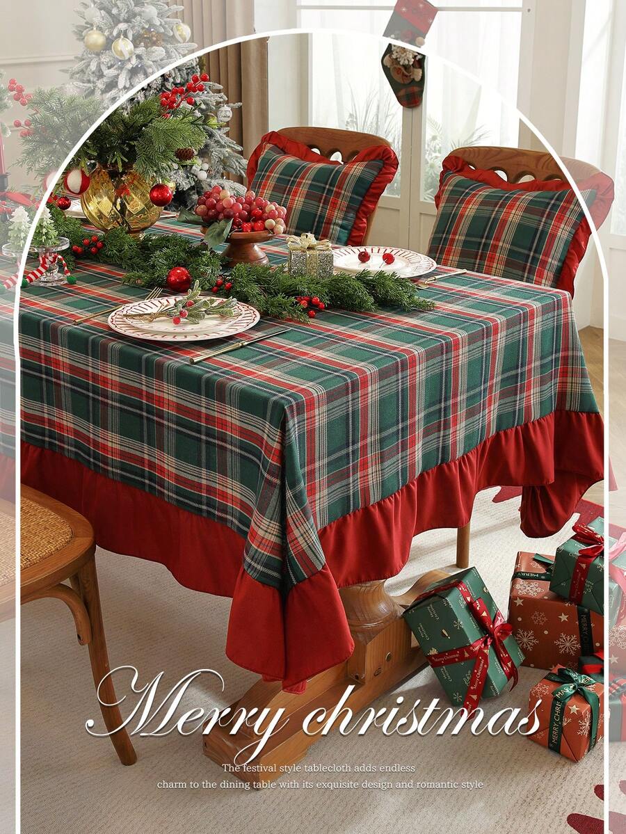 1pc Christmas Green Plaid Tablecloth With Red Ruffle Trim, Holiday Dining Table Cover For Christmas Home Decor - Green - View 1