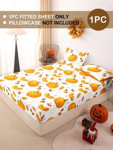 1pc Halloween & Thanksgiving Leaf Pumpkin Print Fitted Sheet, Quiet & Non-Slip, Machine Washable, Durable & Easy Care, All-Season Use, Fits All Bed Sizes, Home, Dorm, Apartment, Guest Room, Rental, Bedroom Decor & Holiday Gift - Multicolor - View 3