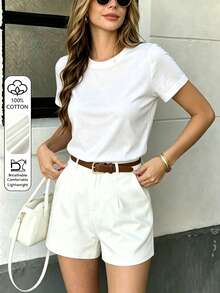 Women's Fashionable Elegant Solid Color T-Shirt - Casual White Summer - White - View 9