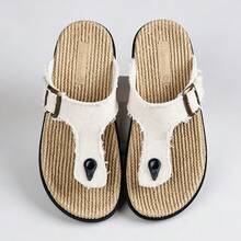 Men's Frayed Edge Adjustable Buckle Thong Flip Flops, Vintage Slouchy Summer Daily Beach Casual Flat Sandals - White - View 8