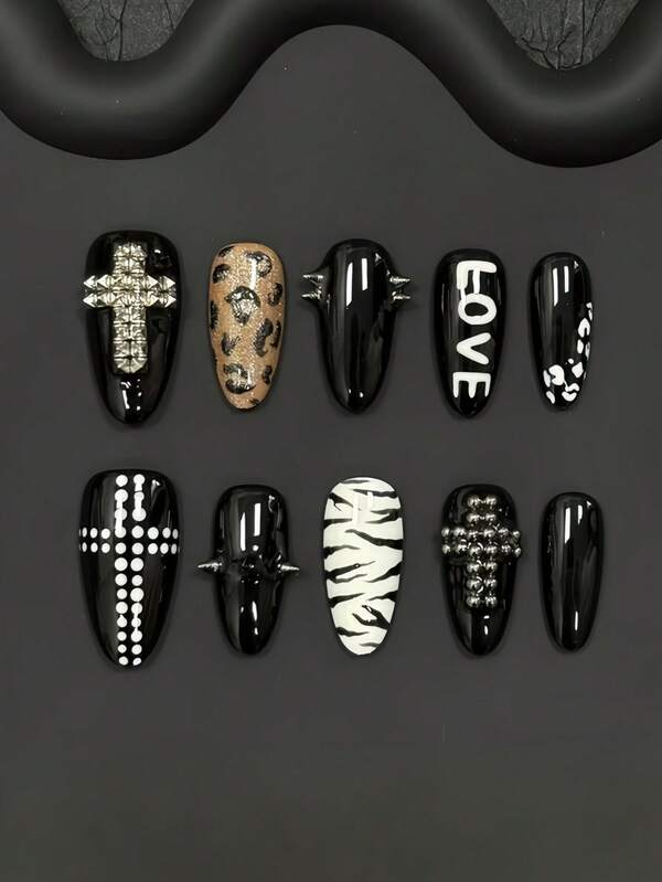 10pcs Medium Almond Press-On Nails, Punk Rivet Cross Design, Leopard & Zebra Print Dark Cool Girl Style Nail Tips, Halloween Dark Personalized Nail Set, Bar Music Festival Hot Girl Gothic Highly Attractive Press-On Fake Nails, Includes 1 Jelly Glue And 1 Nail File
