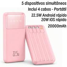 Power bank 20000mAh – Carregador Rápido, Bateria de Grande Capacidade, Quatro Cabos Integrados, Compatível com Todos os Dispositivos, Carregamento Simultâneo de 5 Dispositivos, Design Compacto e Portátil, Ideal para Viagens e Uso Diário. - Rosa chiclete - Visão 9