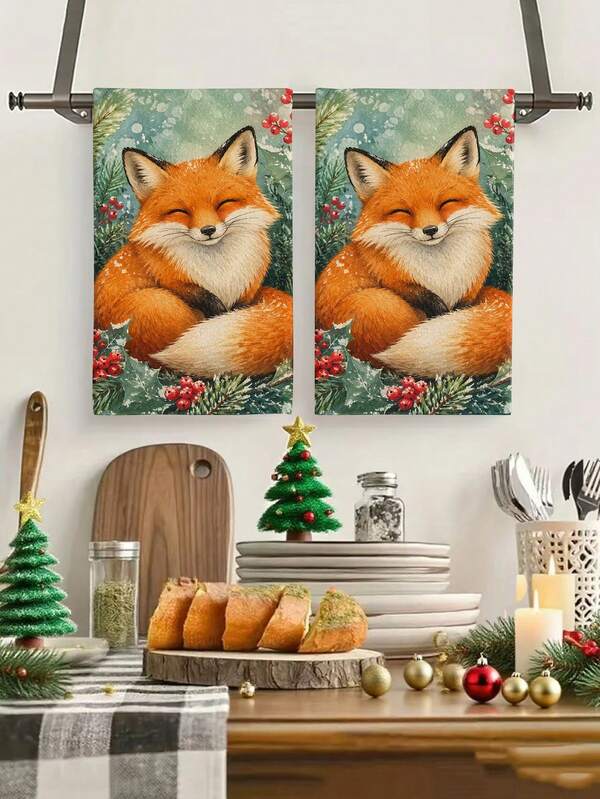 2pcs/4pcs Watercolor Christmas Red Fox Kitchen Towels, Cute Fox Holly Berry Pine Branch Snow Scene Print, Christmas New Year Country Style Hand Towels, Kitchen Baking Decor Towels